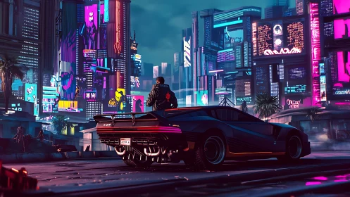 Cyberpunk nightscape with retro-futurist muscle car framing the grid.