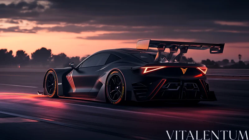 Low-angle rear view shows aerodynamic race car on track