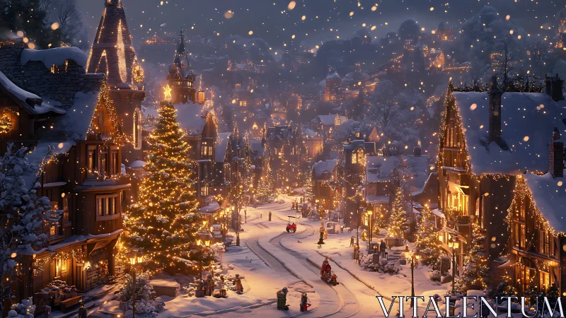 Cozy snowy village street glowing with magical winter lights.
