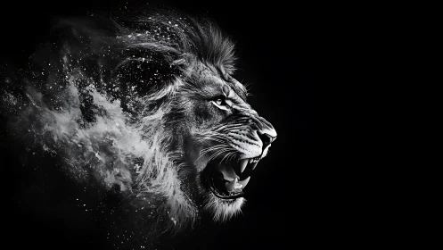 Monochrome lion roar dissolves into abstract smoke burst.