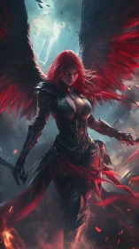 Winged armored figure with red accents in stormy sky.