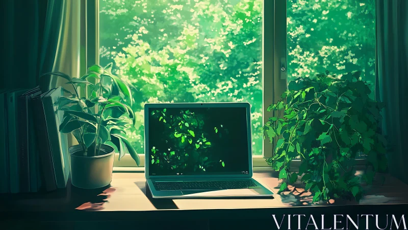 Sunlit laptop workspace framed by lush green houseplants.