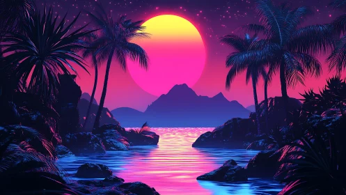 Neon tropical lagoon at dusk with oversized magenta sun and islets.