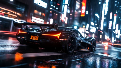 Carbon black hypercar cuts neon rainlit city avenue.