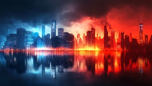 Bicolor city skyline with blue and red illuminated waterfront.