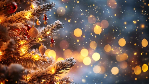 Snow-covered Christmas tree with golden festive lights.