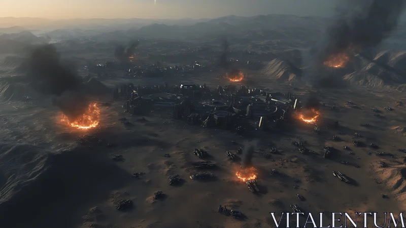 Orbital-bombarded desert megacity under systemic siege fire.