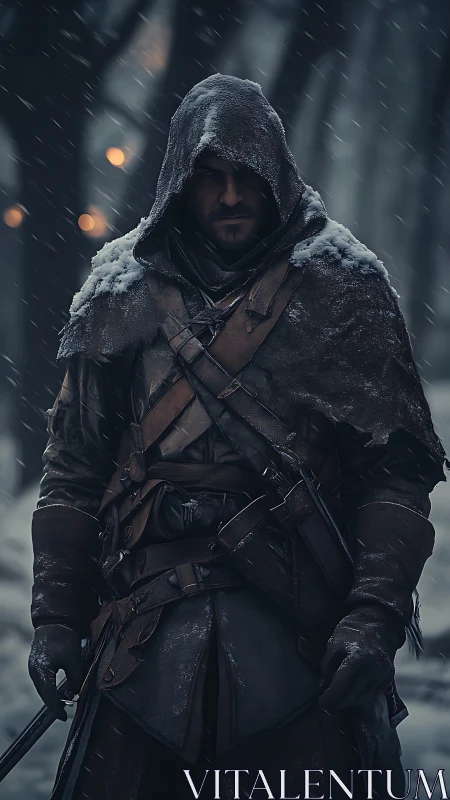 Hooded wanderer crossing a silent winter forest in snow.