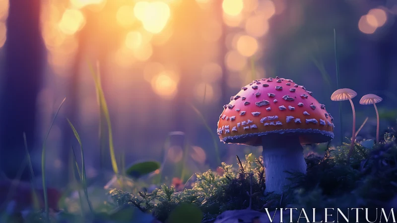 Backlit Amanita muscaria macro in shallow-depth forest bokeh.