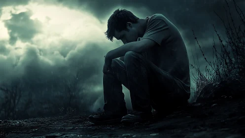 Solitary person seated outdoors under dense storm clouds.