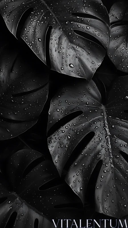Midnight monstera leaves kissed by soft silver raindrops.