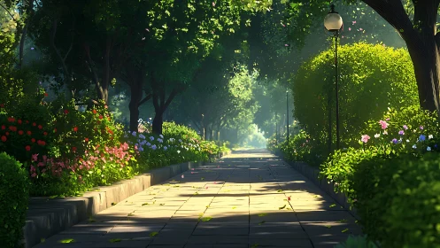 Sunlit garden pathway under dense green canopy at dawn.