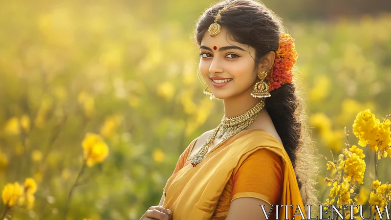 Sunlit saree and wildflowers spin quiet gold into joy
