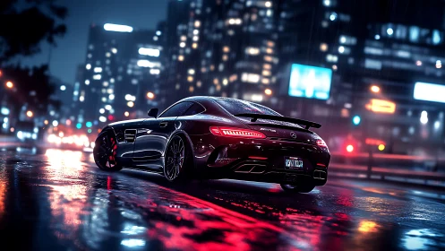 Midnight supercar gliding through neon city rainstorm.