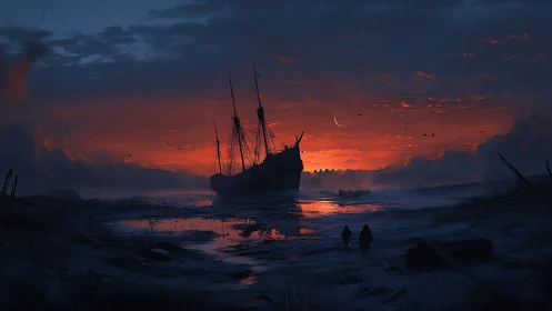 Shipwrecked vessel stands in tidal flat under red dusk sky