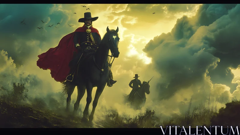 Two mounted figures traverse misty terrain under dense clouds