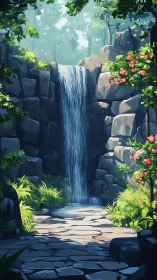Gentle forest waterfall pours into a sunlit stone clearing