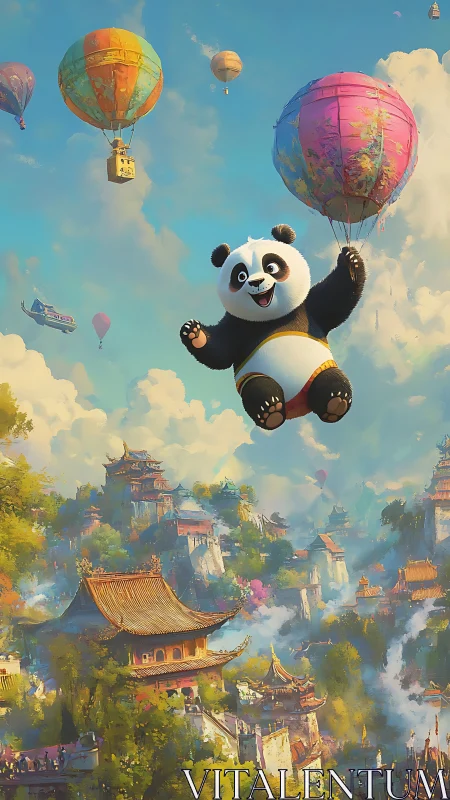 Cheerful cartoon panda ascends with hot air balloons over stylized temples