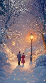 Winter lamplight promenade under softly spellbound snow.