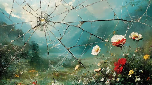 Shattered window framing gentle mountains and wildflowers.