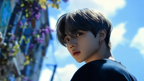 Soft-eyed stranger pauses beneath sky-splashed city blooms