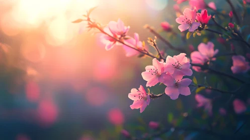 Pink blossoms glow golden through soft bokeh light.