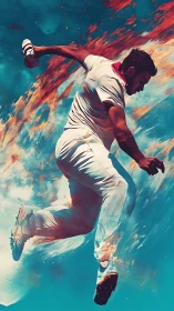 Soaring cricket athlete leaps through bold fiery skies