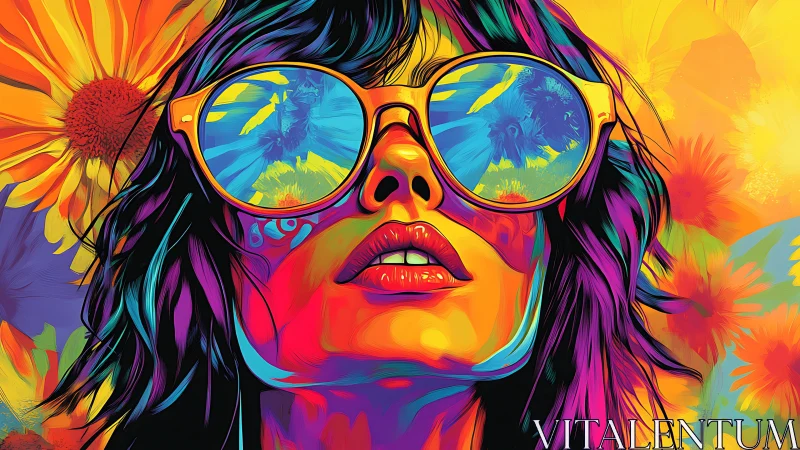 Portrait of woman in sunglasses with floral reflections.