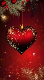 Red heart ornament with gold detail on festive branches
