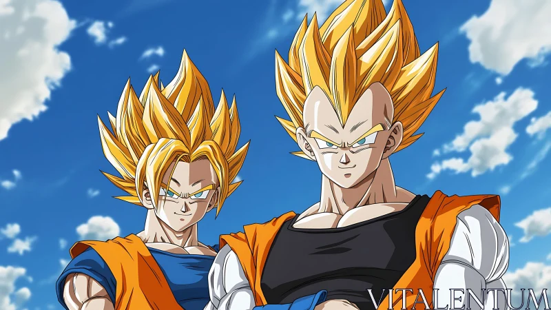 Two spiky-haired anime fighters under partly cloudy sky.