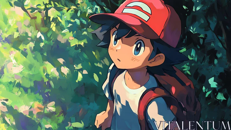 Anime boy in red cap studies dappled forest light attentively