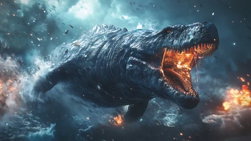 Fiery sea monster charges forward in chaotic ocean battle.