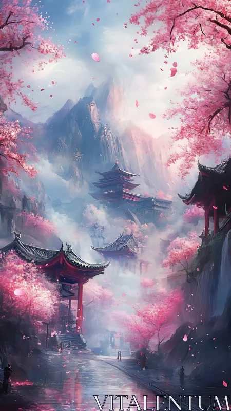 Mountain valley with pagodas and dense cherry blossoms view.