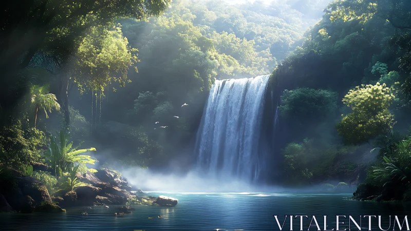 Sunlit jungle waterfall pours into misted blue lagoon.