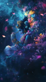 Divine blue figure plays flute amid glowing cosmic petals