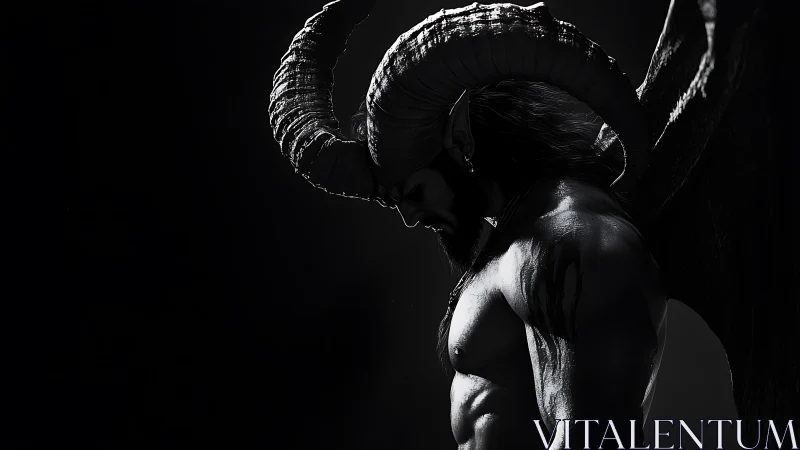Horned winged demon profile in stark monochrome light.