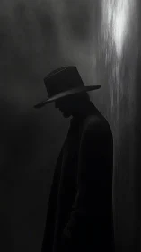 Silhouetted figure in hat leaning against dim vertical surface.