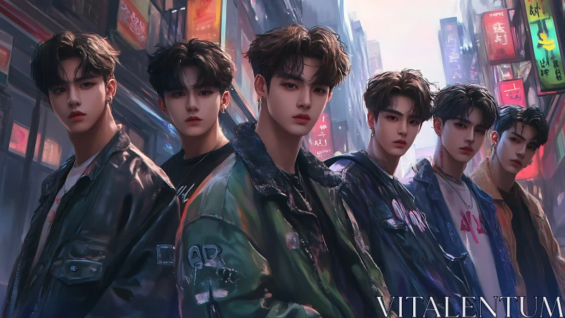 Neon alley idols stride through rainlit cyber city glow.