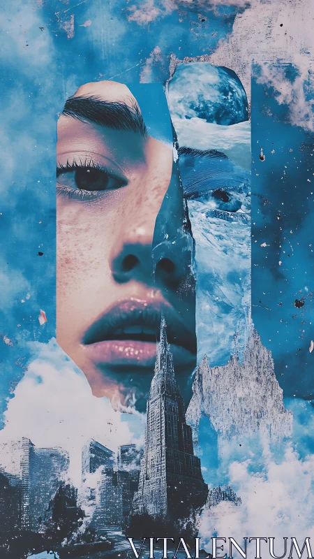 Surreal urban portrait collaging face, ocean and skyline.