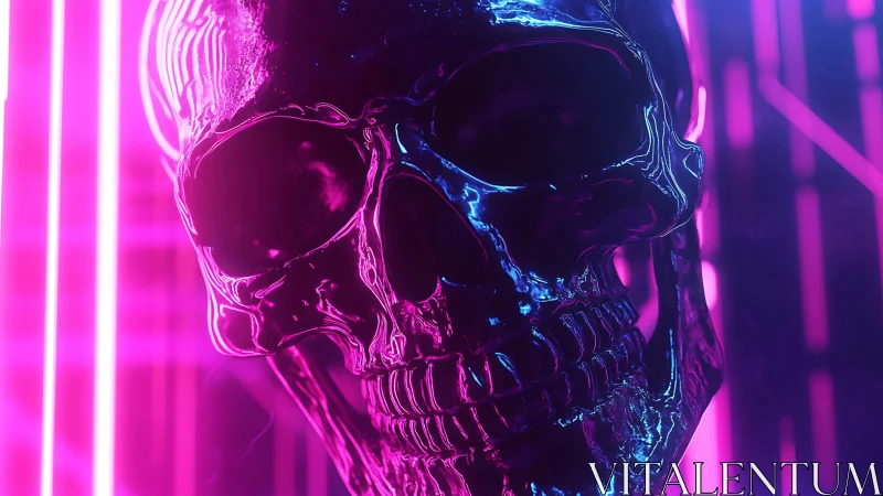 Neon-lit chrome skull glows boldly in electric pink light