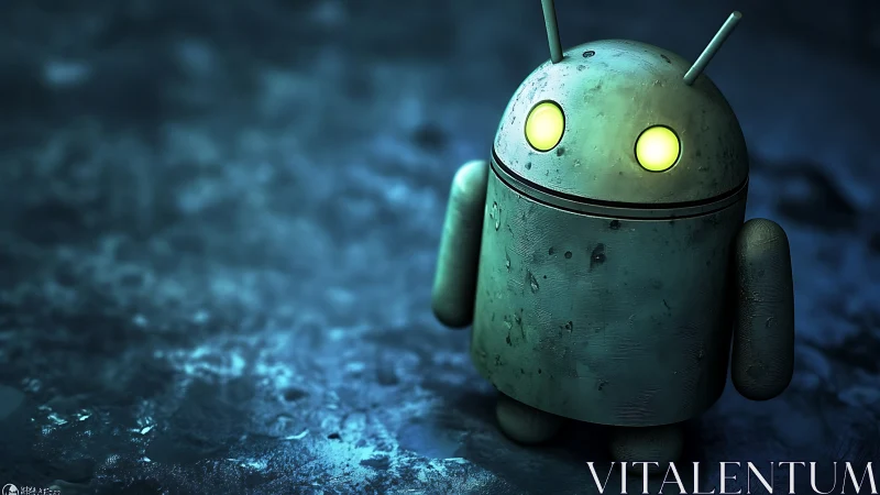 Weathered android mascot with glowing eyes on metal floor.