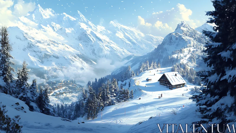 Snow-covered alpine valley with lodge and distant village.