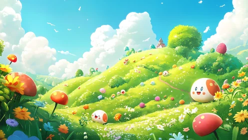 Cartoon hillside meadow with mushrooms and egg creatures.