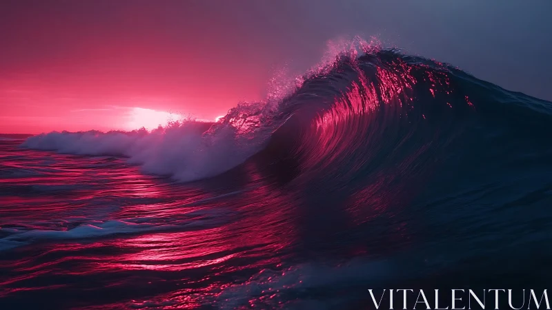 Crimson surf curls into a neon-lit twilight crescendo