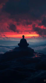 Silhouette meditates on mountain under burning crimson sky.