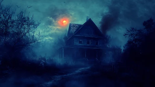Moonlit abandoned house under spectral fog and ominous skull sun