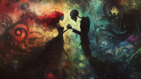 Two souls converge where fire meets ice in chromatic dance.