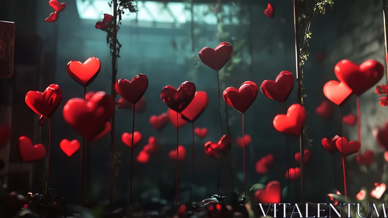 Red Hearts Garden Glowing Against Atmospheric Teal Background