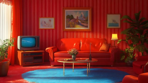 Retro red living room with blue rug and vintage TV set.