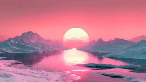 Chromatic polar basin under oversized synthetic sunset sphere.